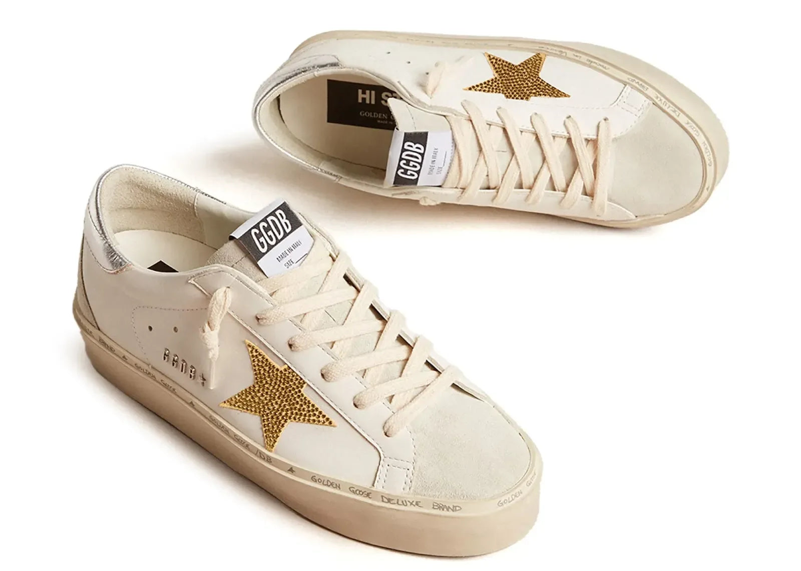 Golden Goose Hi-Star White Leather Gold Swarovski Star Silver Heel