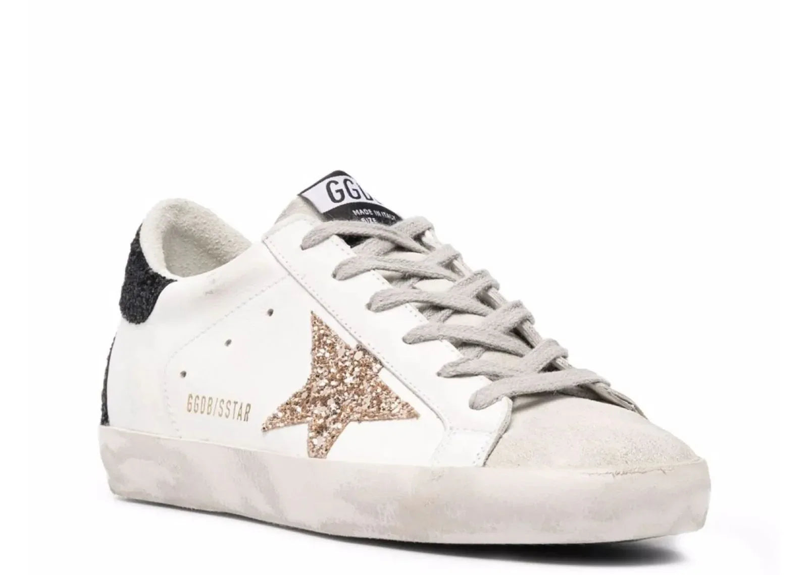 Golden Goose Super-Star Gold Glitter Star Black Glitter Heel