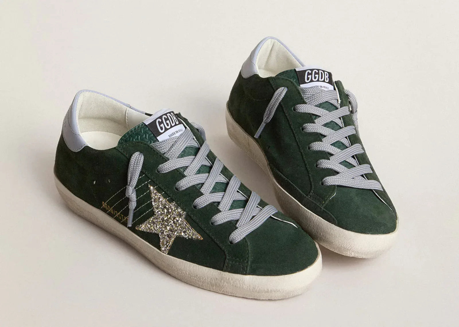 Golden Goose Super Star Green Suede Silver Glitter