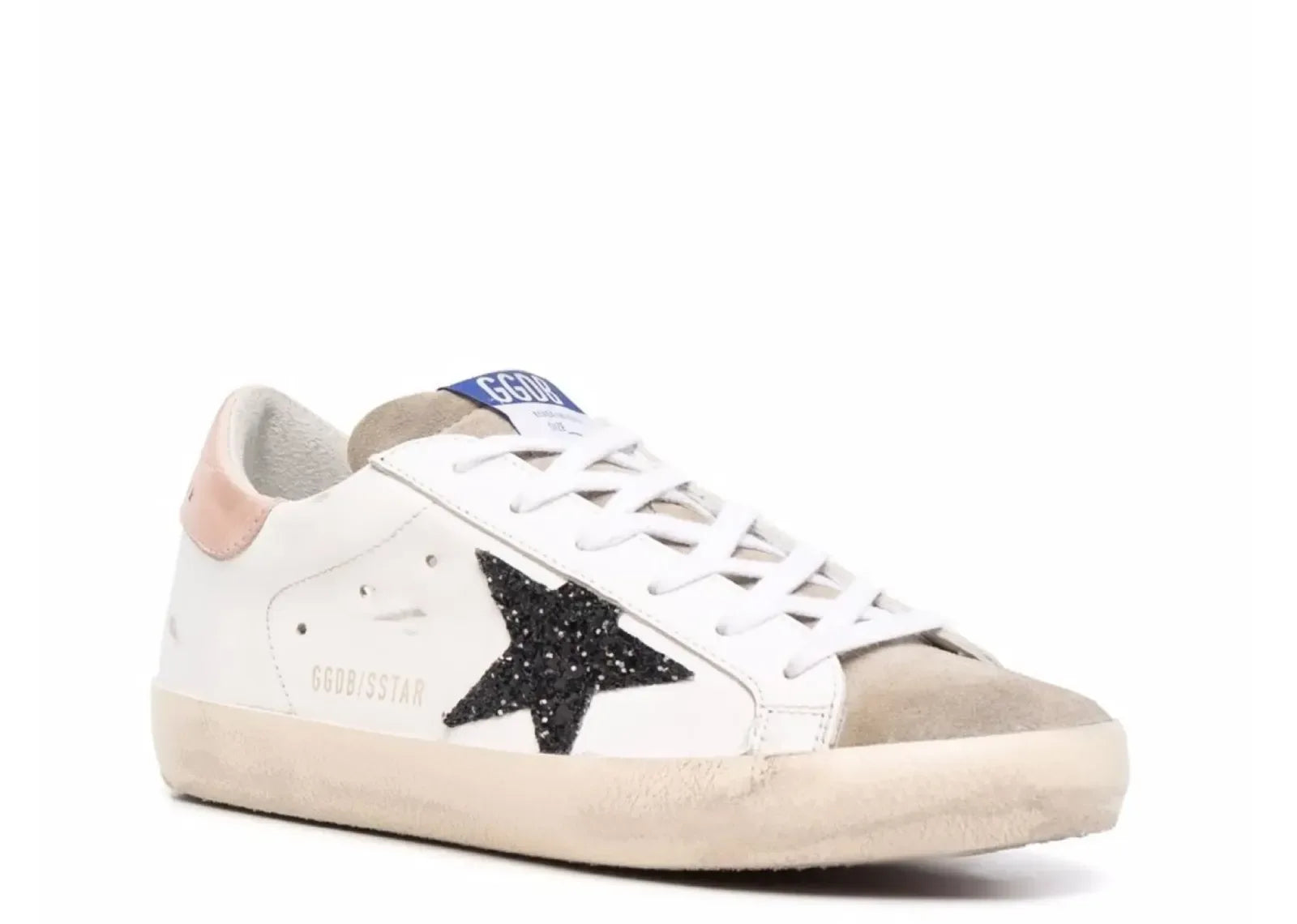 Golden Goose Super-Star White Leather Black Glitter Star Rose Heel