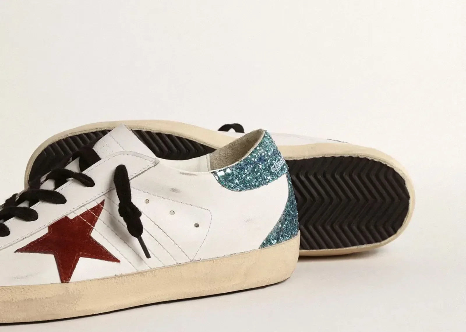 Golden Goose Super-Star White Leather Burgundy Star Blue Glitter Heel