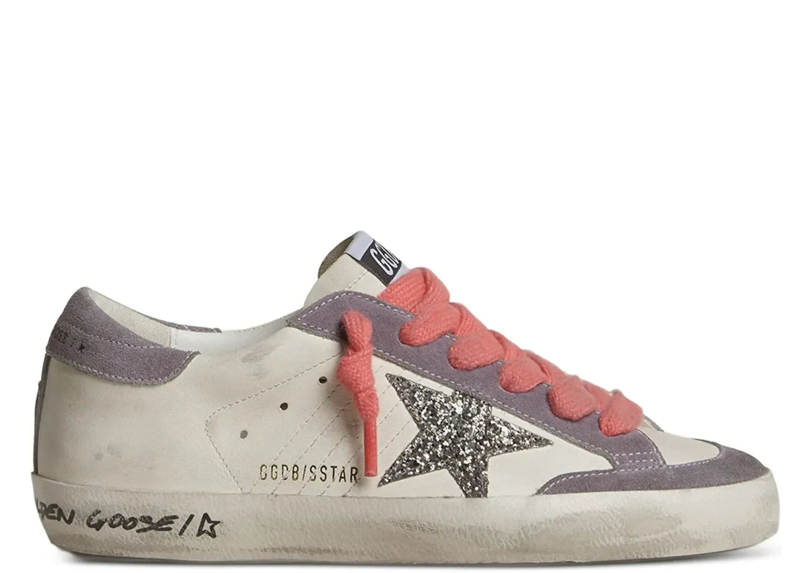 Golden Goose Super-Star White Leather Silver Star Lilac Heel