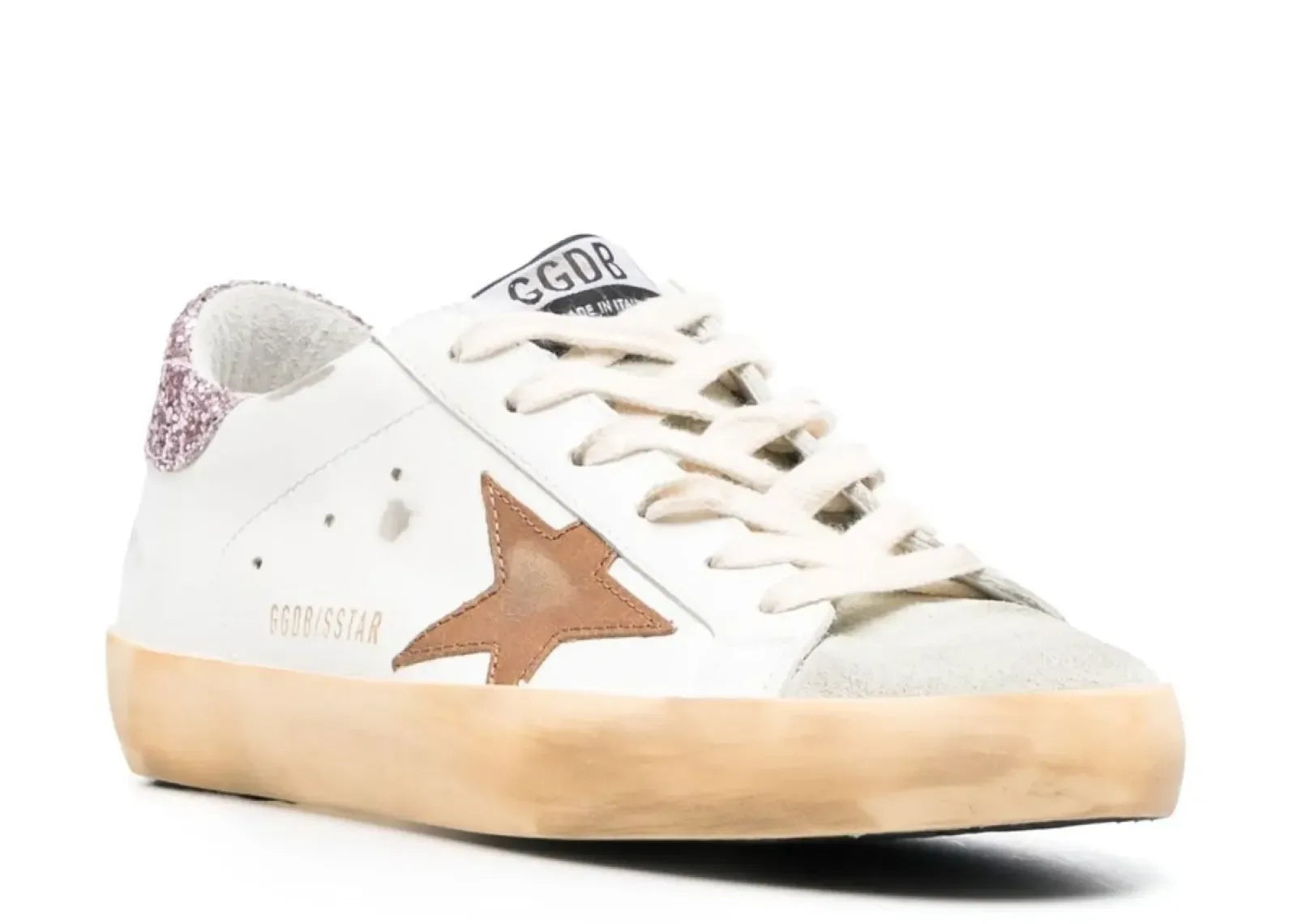 Golden Goose Super-Star White Leather Tan Star Pink Glitter Heel
