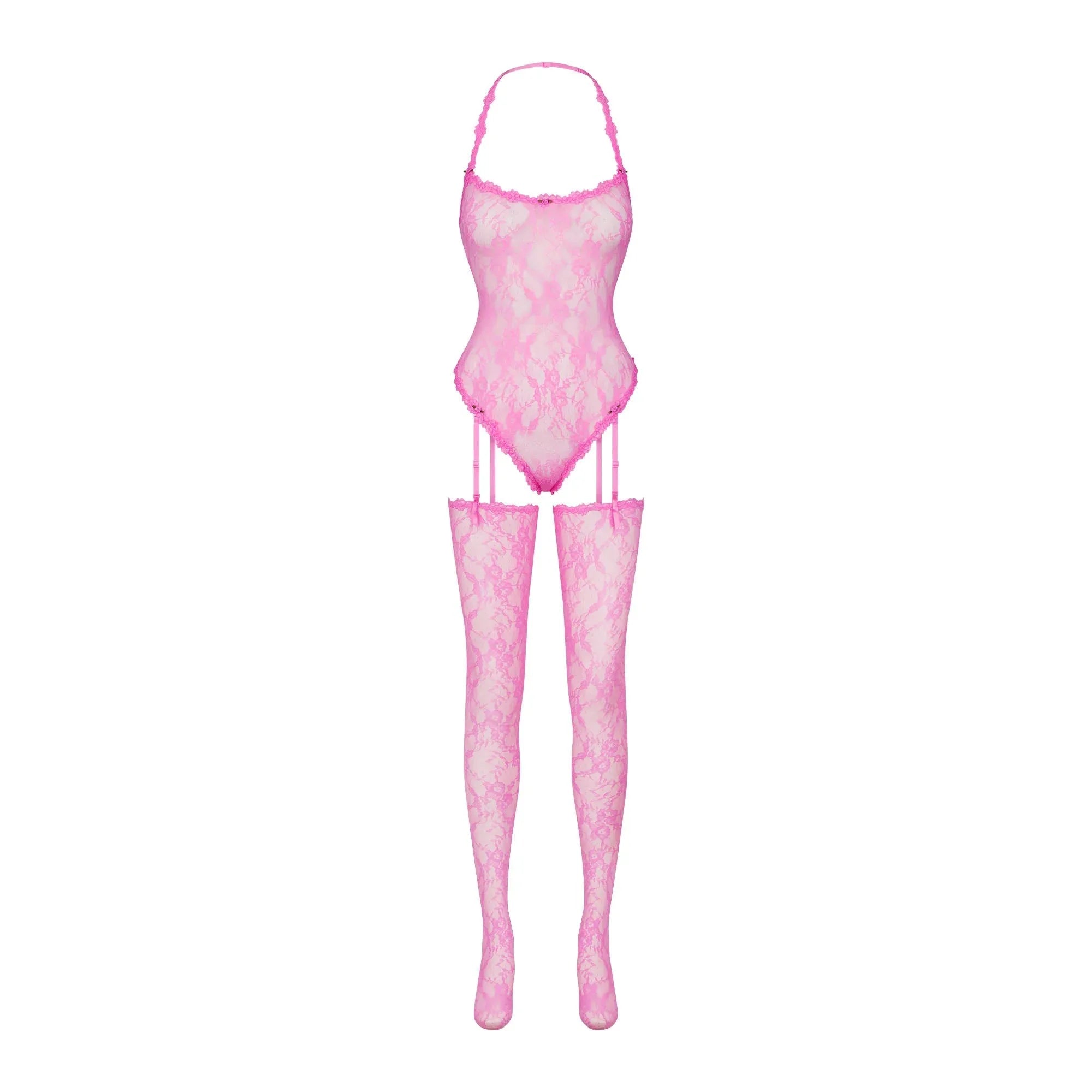 SKIMS STRETCH LACE BODYSUIT AND STOCKINGS SET | SUGAR PINK - BODYSUIT VE ÇORAP SETİ