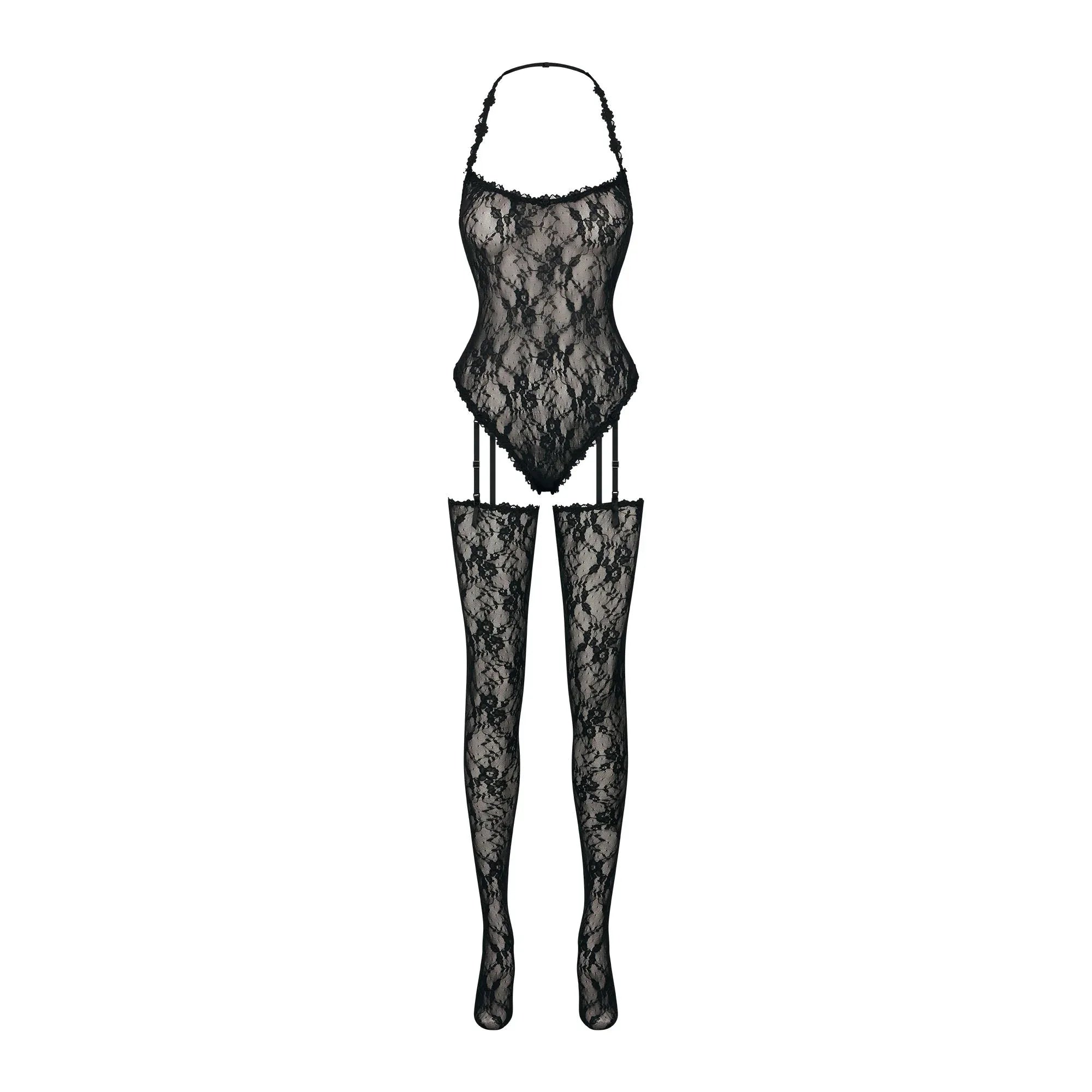SKIMS STRETCH LACE BODYSUIT AND STOCKINGS SET | SOOT - BODYSUIT VE ÇORAP SETİ