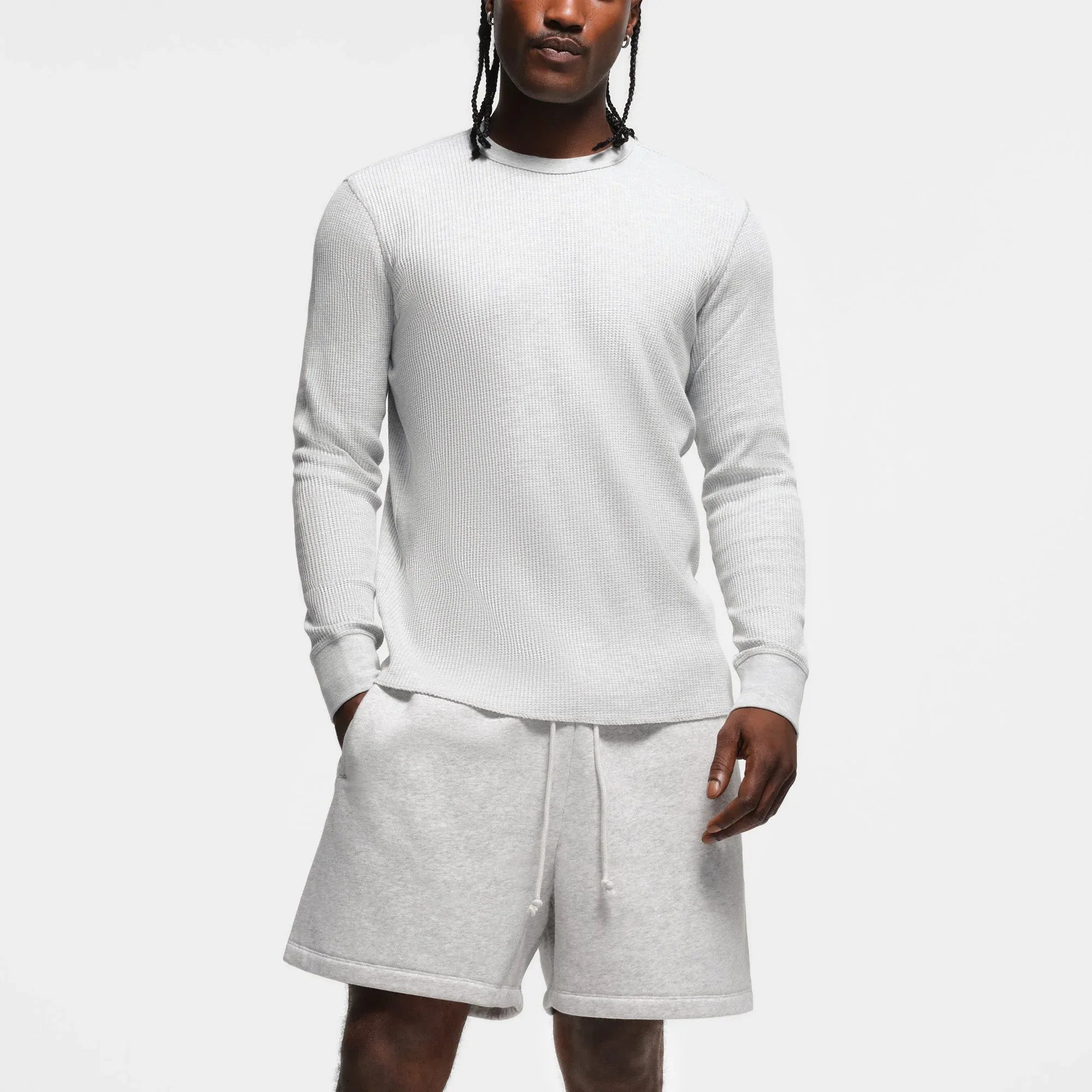 SKIMS WAFFLE MENS LONG SLEEVE T-SHIRT | LIGHT HEATHER GREY - TİŞÖRT