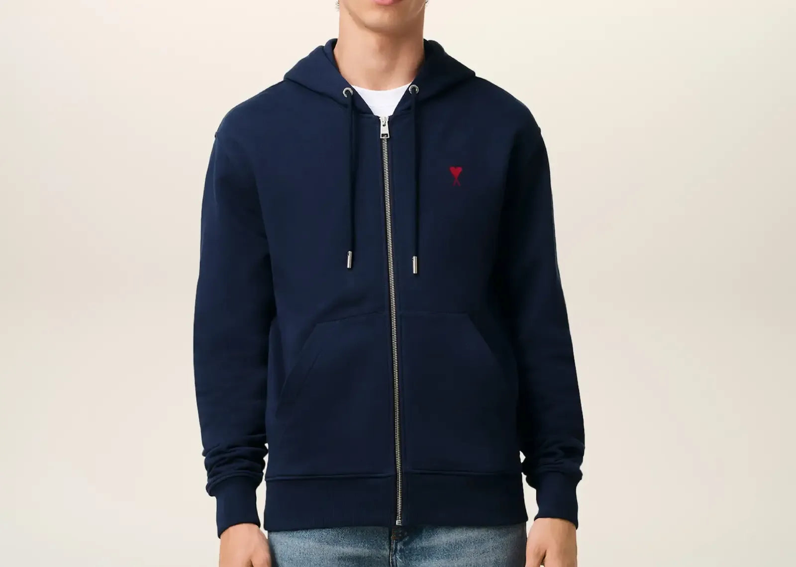 Ami Paris Ami De Coeur Cotton Zipped Hoodie Navy
