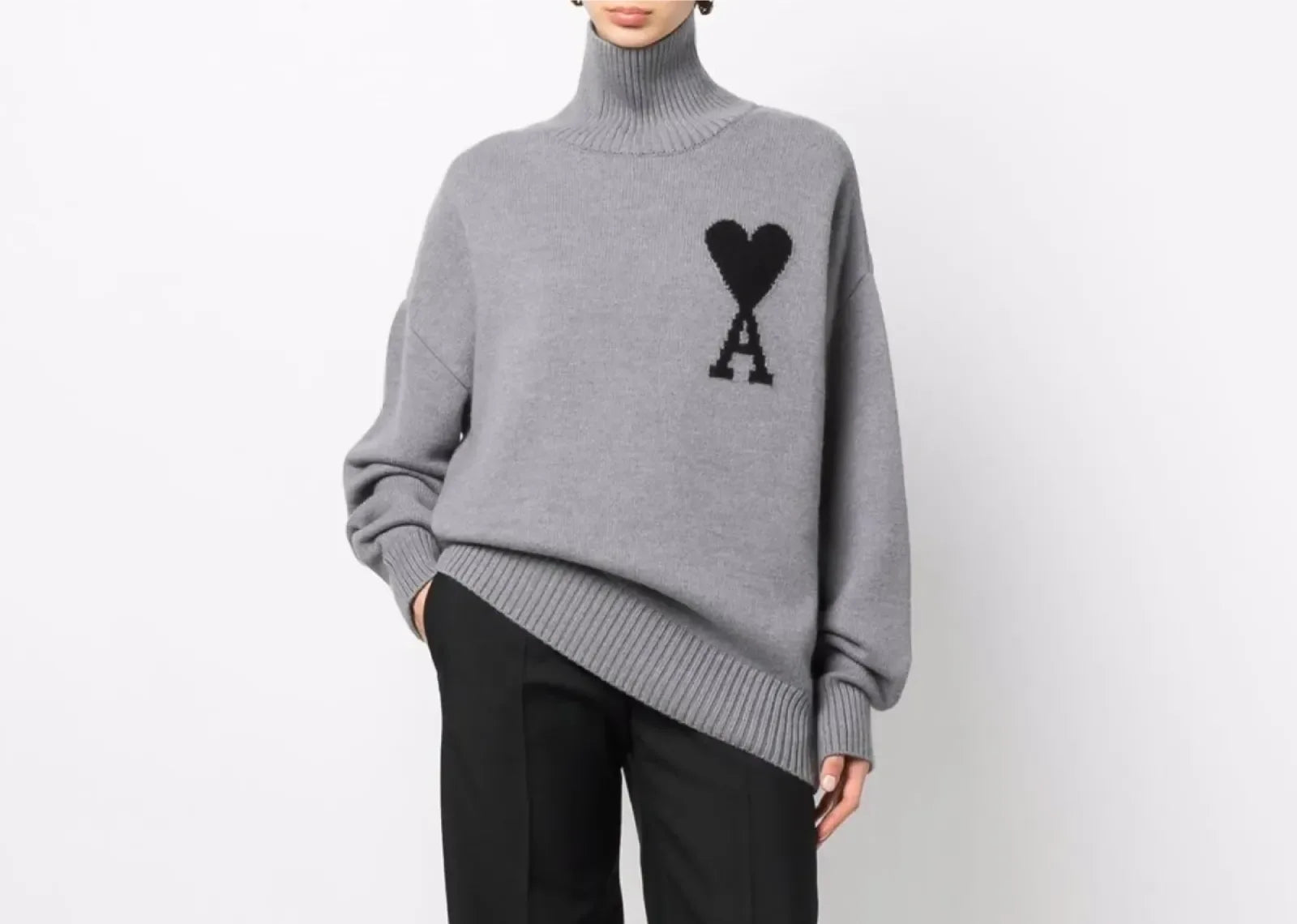 Ami Paris Ami De Coeur Roll Neck Jumper Grey