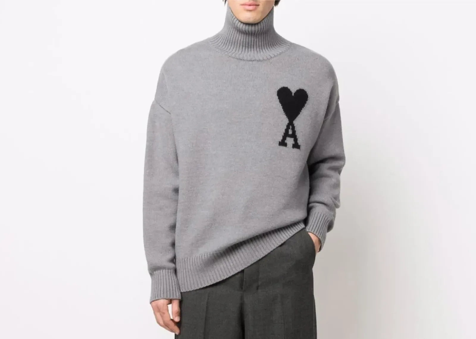 Ami Paris Ami De Coeur Roll Neck Jumper Grey