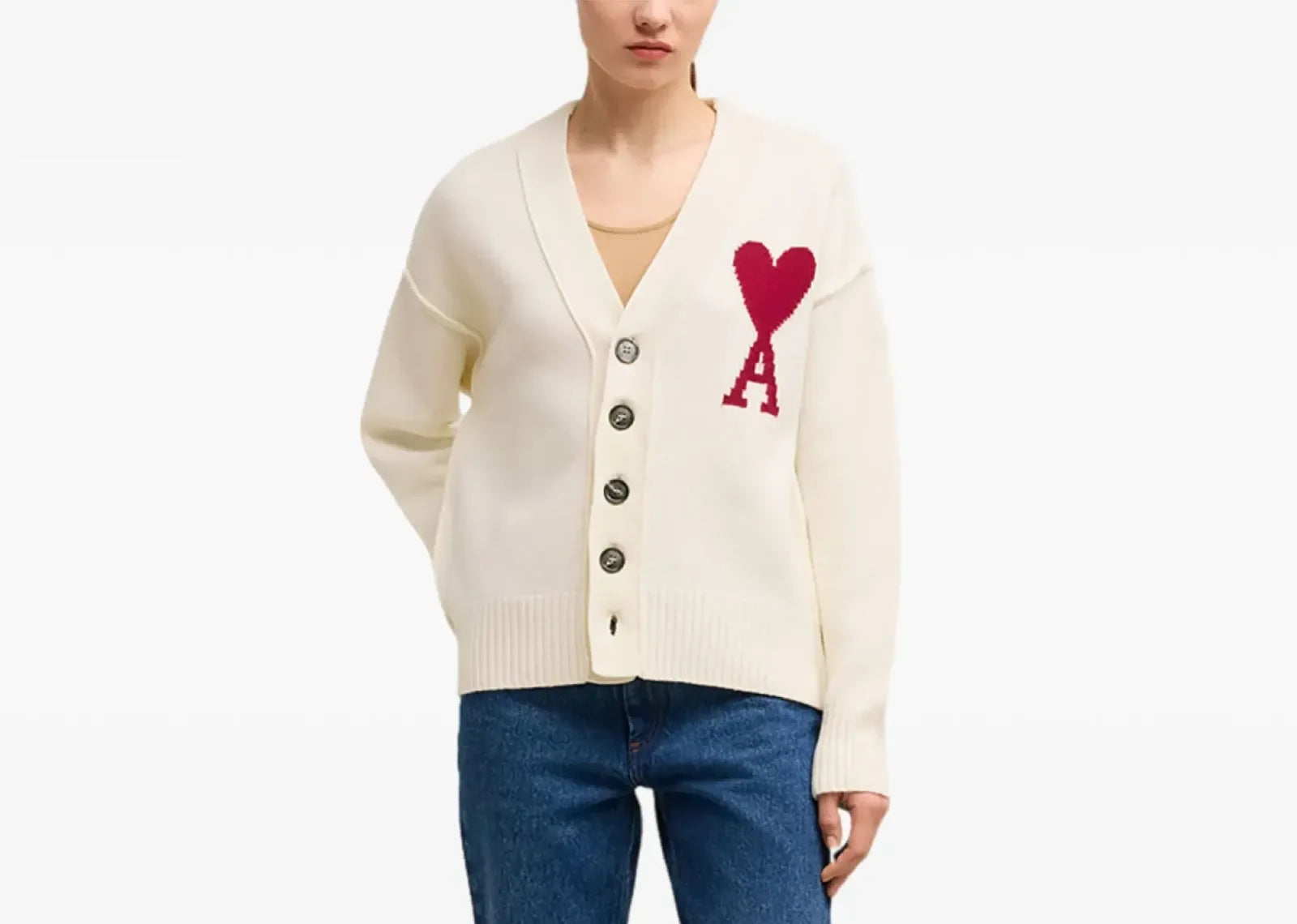 Ami Paris Ami De Coeur Wool Cardigan Cream White