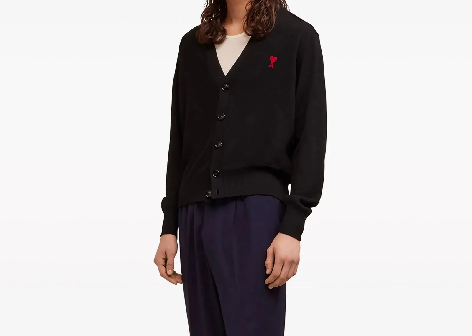 Ami Paris Logo Embroidered Wool Cardigan Black