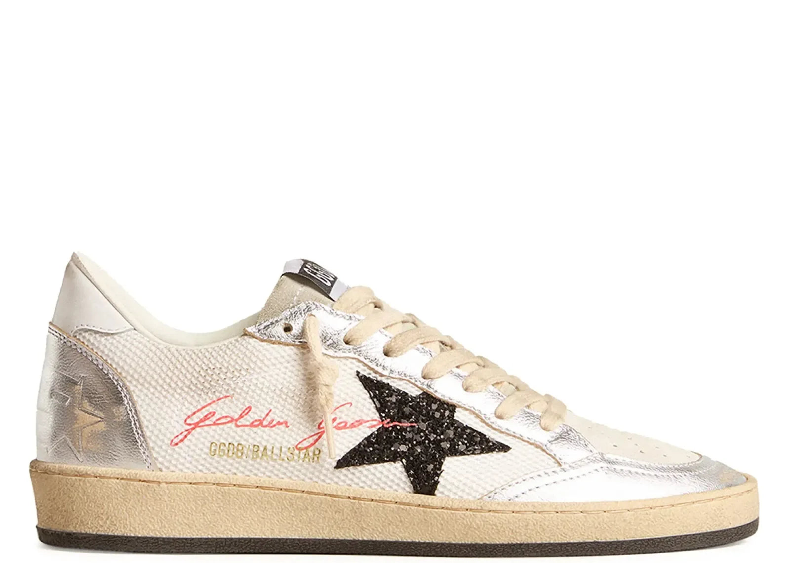 Golden Goose Ball-Star White Mesh Silver Insert Black Glitter Star Glossy Heel