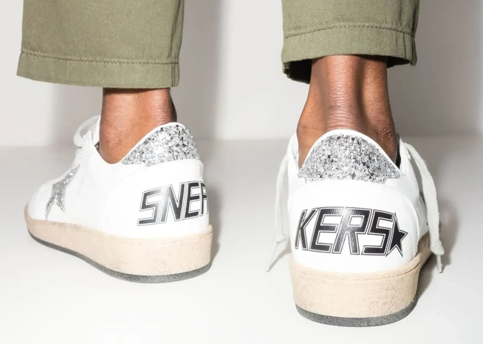 Golden Goose Ball-Star White Nappa Silver Glitter Star Heel