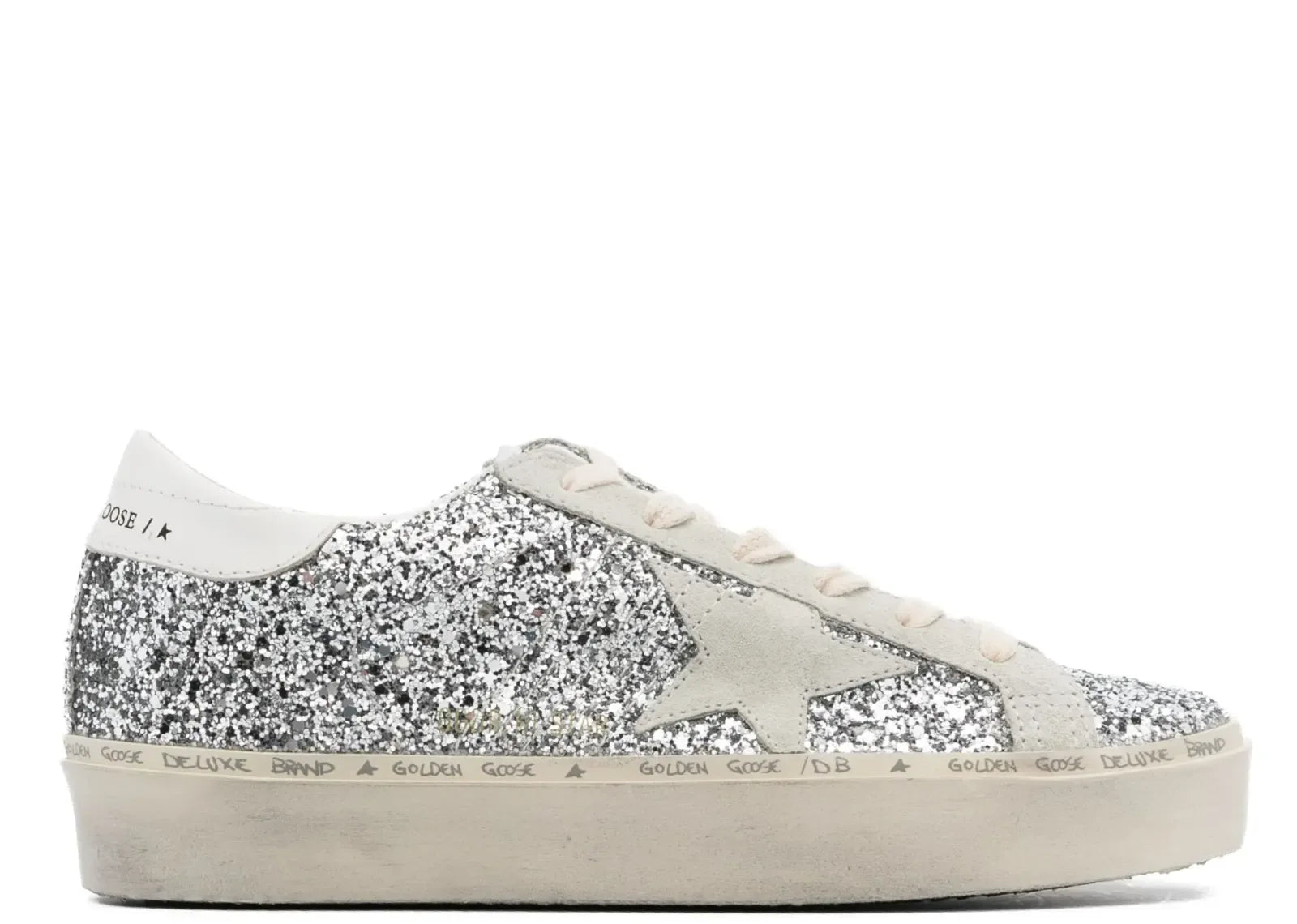 Golden Goose Hi-Star Silver Glitter Gray Star White Heel