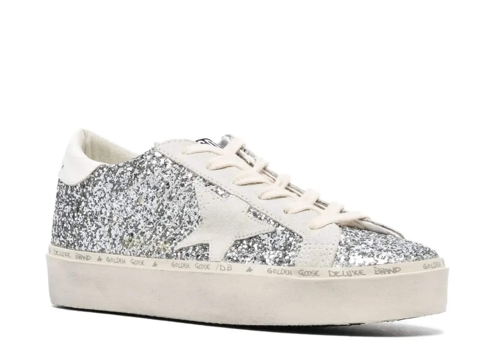Golden Goose Hi-Star Silver Glitter Gray Star White Heel