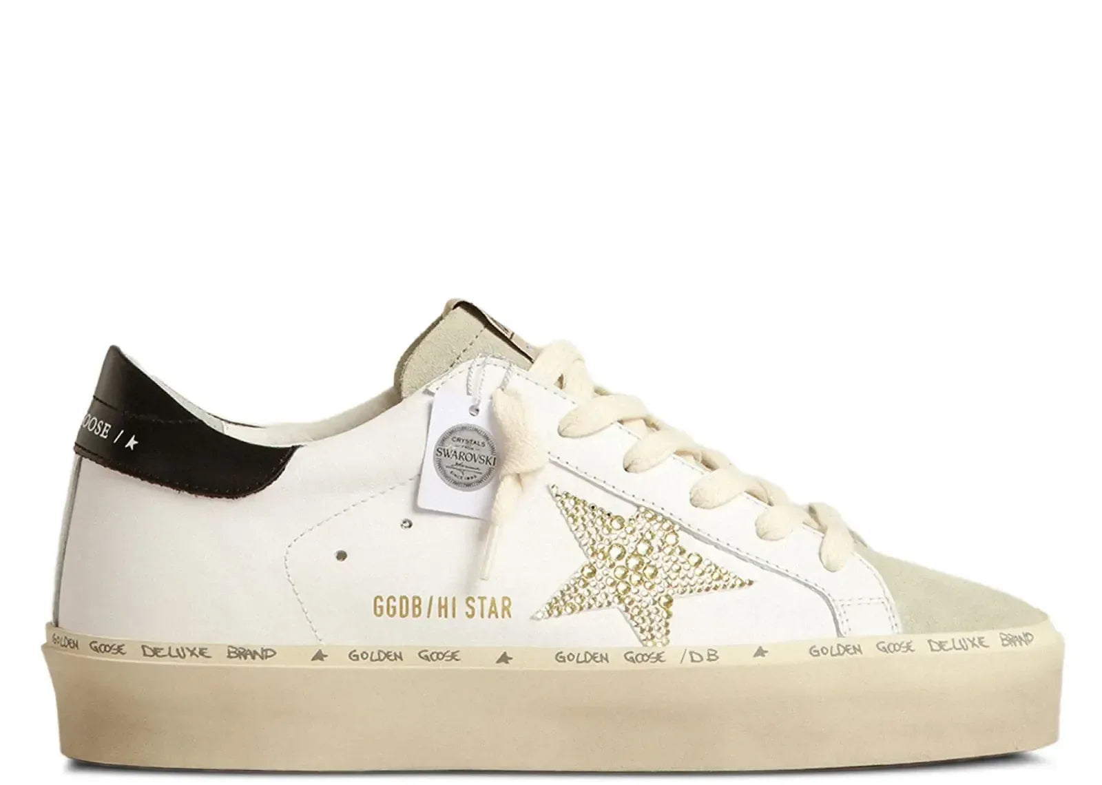 Golden Goose Hi-Star White Leather Gold Swarovski Star Black Heel