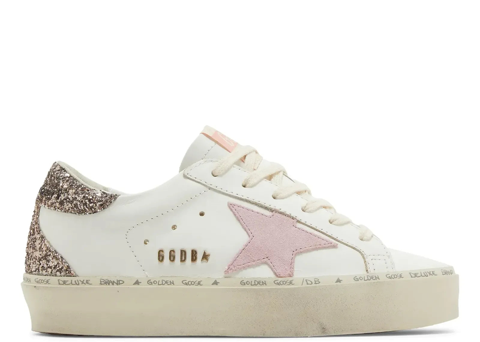 Golden Goose Hi-Star White Leather Pink Suede Star Glitter Heel