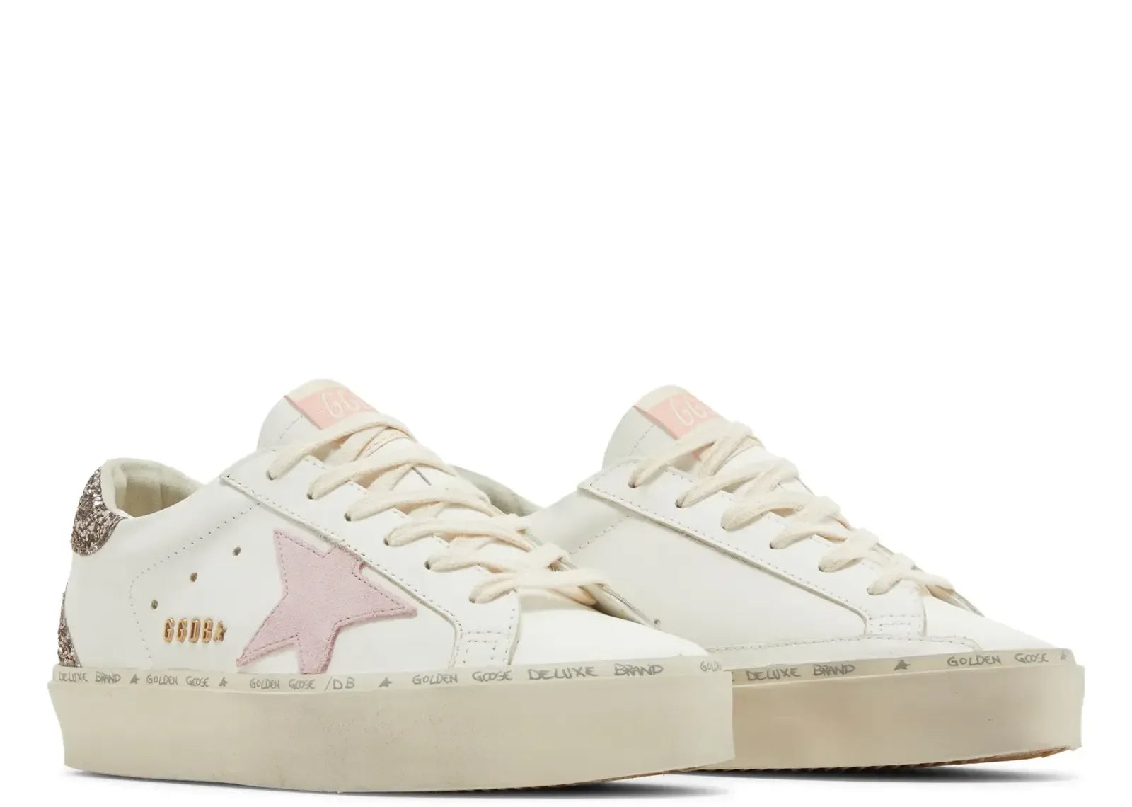 Golden Goose Hi-Star White Leather Pink Suede Star Glitter Heel
