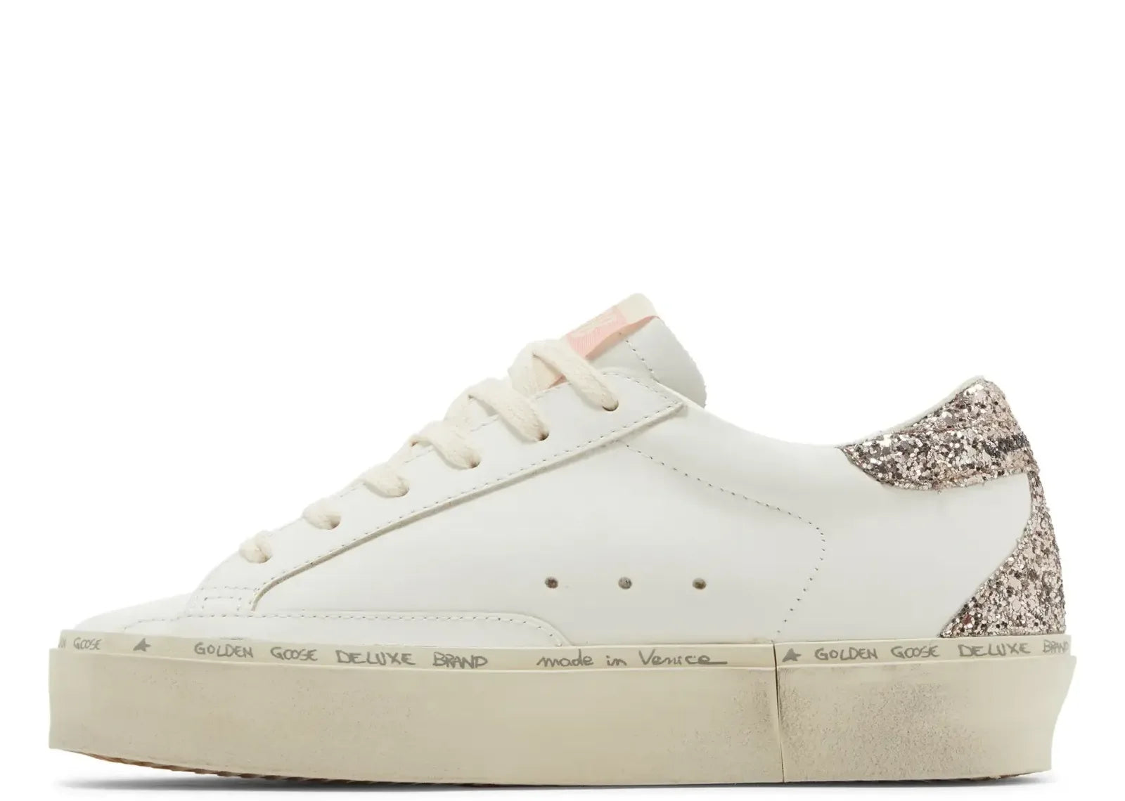 Golden Goose Hi-Star White Leather Pink Suede Star Glitter Heel