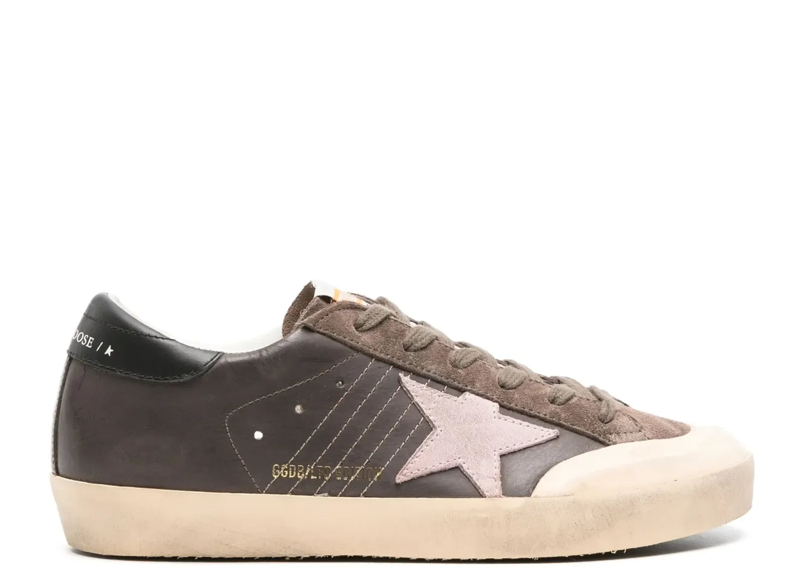 Golden Goose Super-Star Brown Leather Rose Suede Star Black Heel