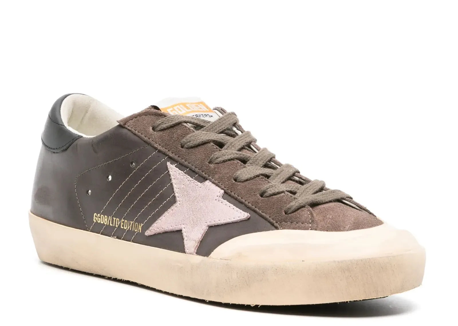 Golden Goose Super-Star Brown Leather Rose Suede Star Black Heel