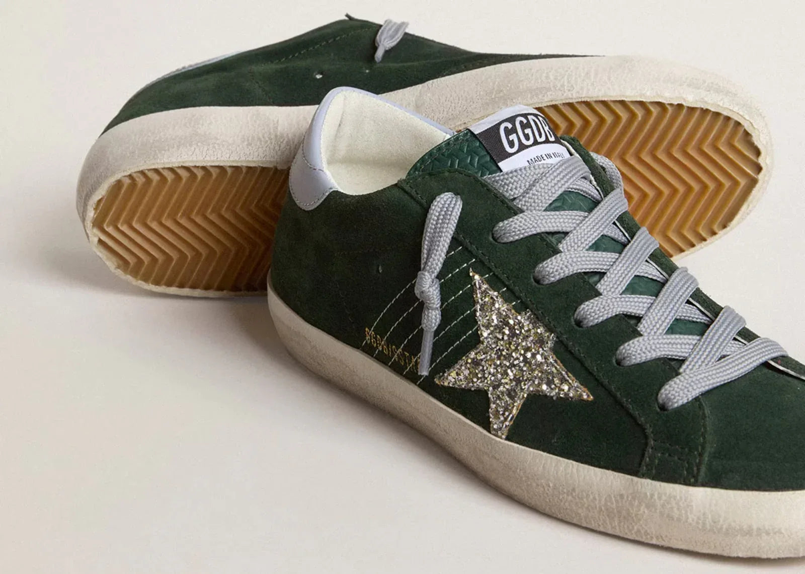 Golden Goose Super Star Green Suede Silver Glitter
