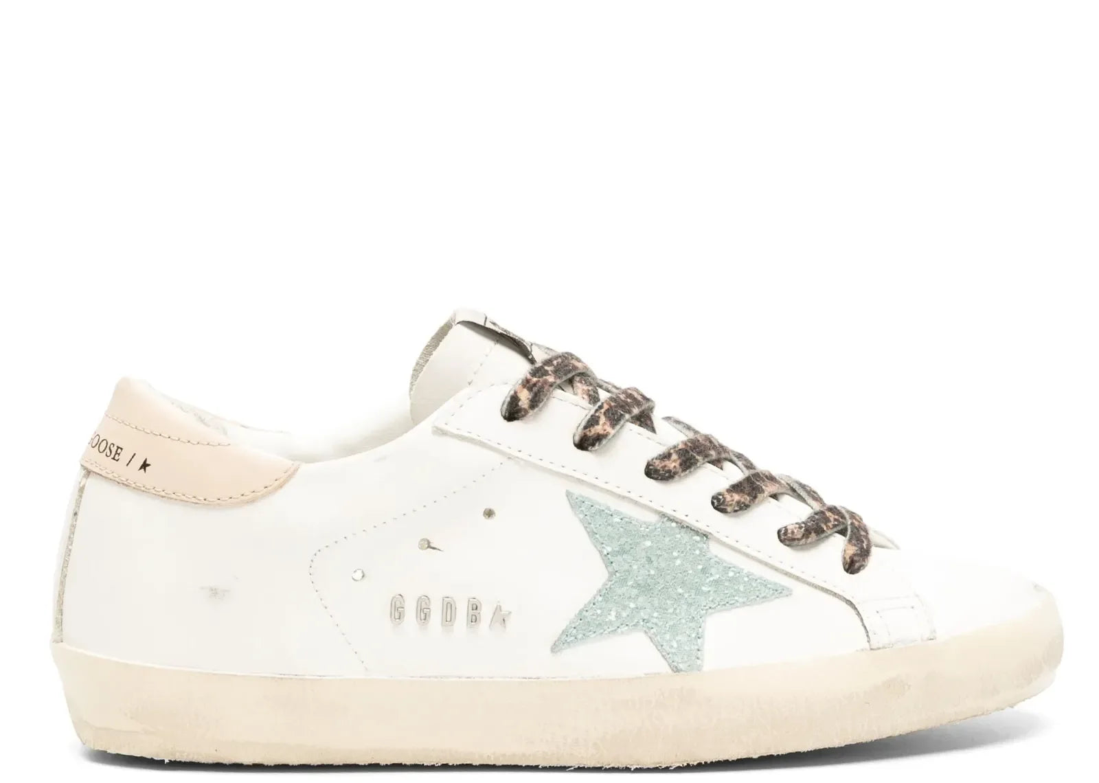 Golden Goose Super-Star White Leather Gray Glitter Star Nude Heel Leopard Laces
