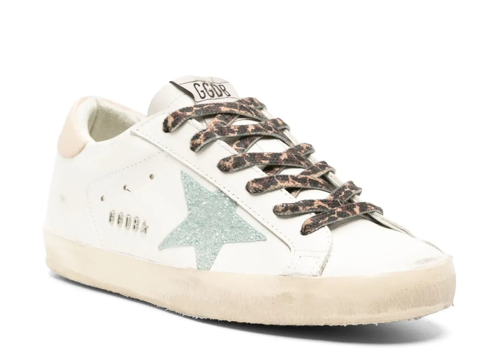 Golden Goose Super-Star White Leather Gray Glitter Star Nude Heel Leopard Laces