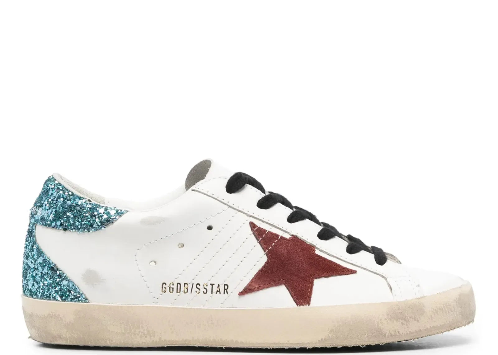 Golden Goose Super-Star White Leather Burgundy Star Blue Glitter Heel