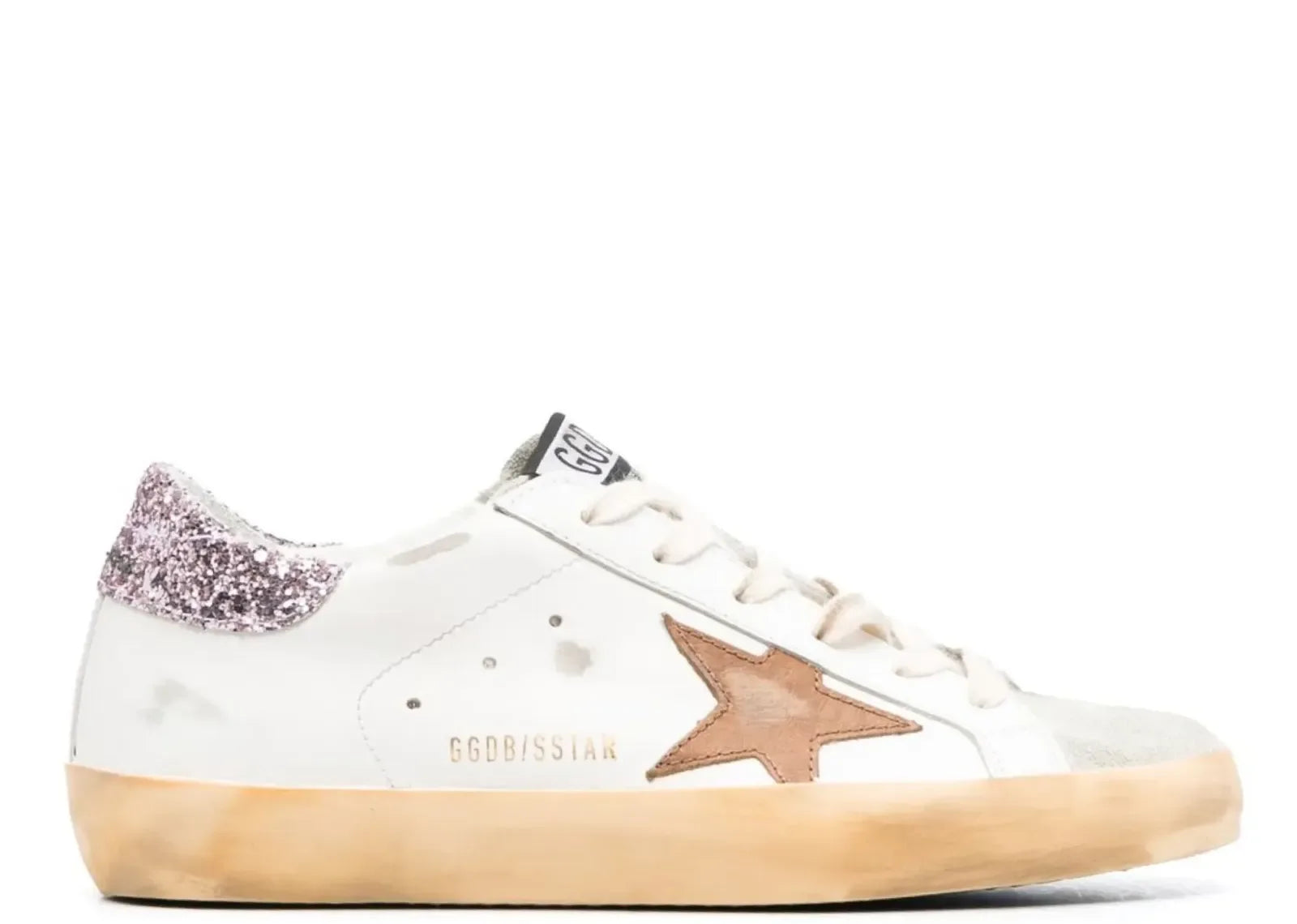 Golden Goose Super-Star White Leather Tan Star Pink Glitter Heel