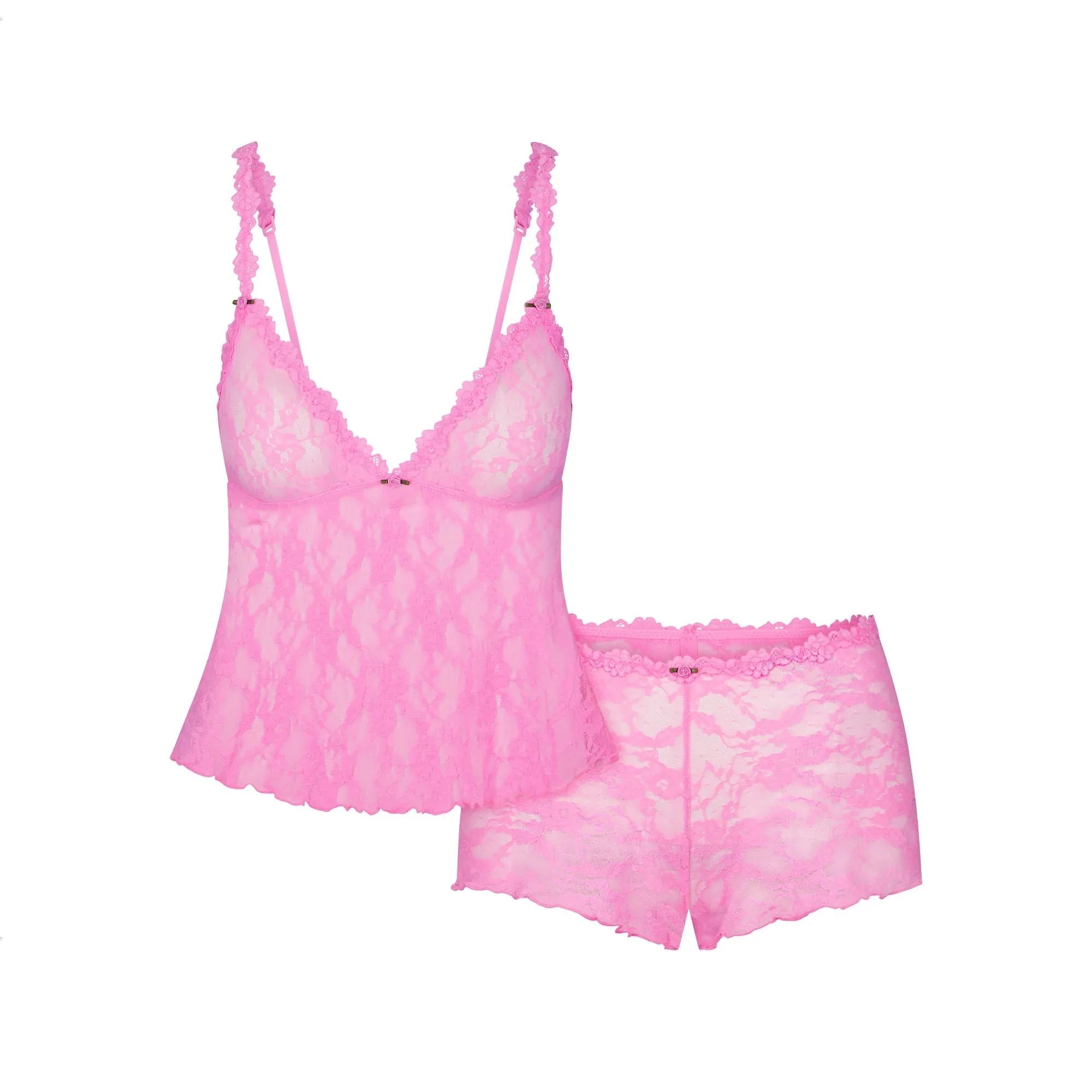 SKIMS STRETCH LACE TRIANGLE CAMI AND SHORT SET | SUGAR PINK - TAKIM